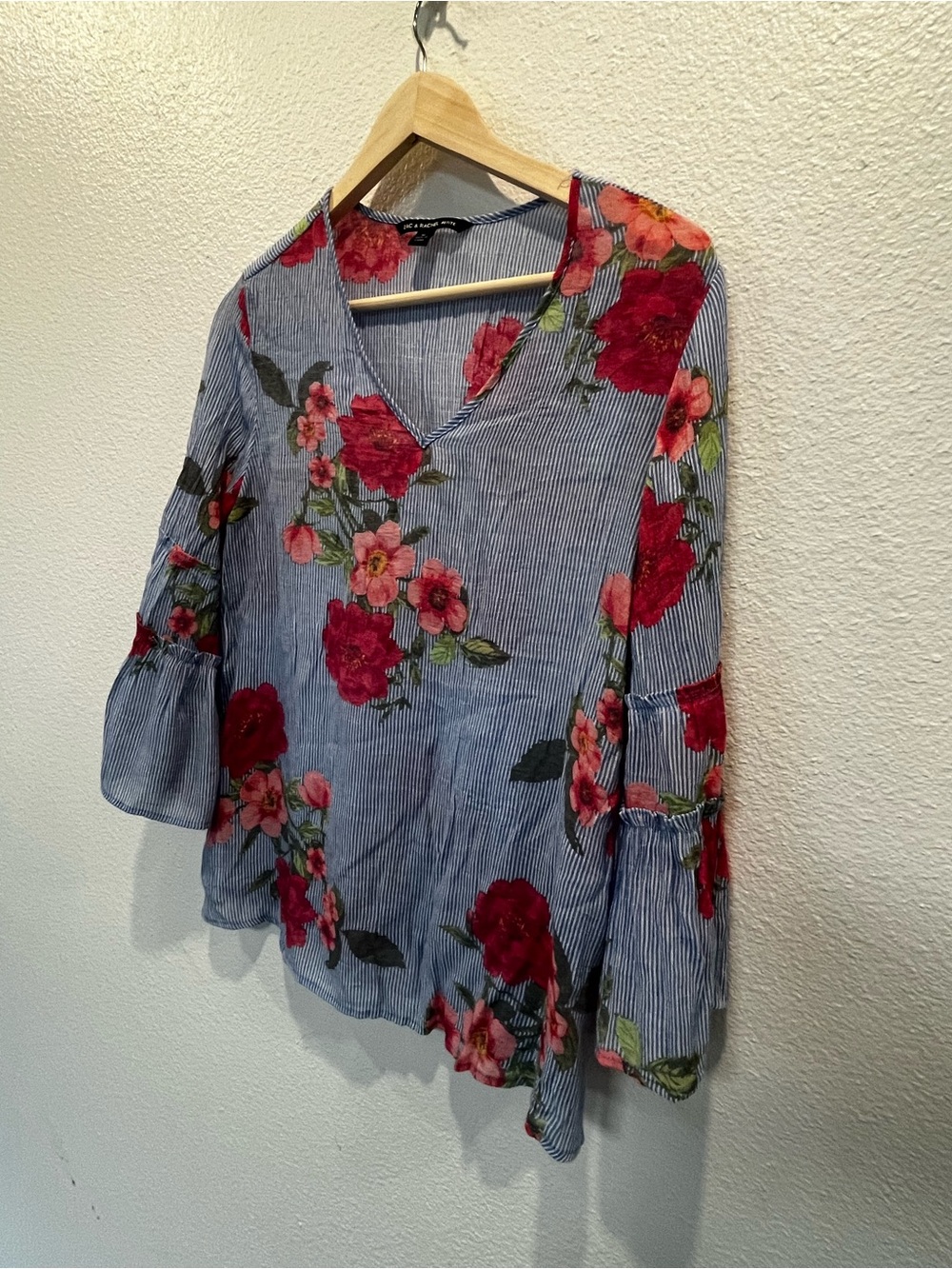 Zac & Rachel Blue Striped Blouse with Red Floral Print